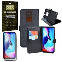 Kit Capa Carteira Moto E7 Plus +Película Vidro 3D Armyshield