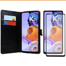 Kit Capa Carteira + Pelicula Vidro 3D 9D Compativel LG K71 k 71 material sintético Porta cartão