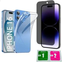 Kit Capa Case Compatível Capinha Para Apple iPhone 16 Anti Impacto Reforçada Silicone Transparente Flexível e Pelicula Privacidade Anti Espião Spy Vid