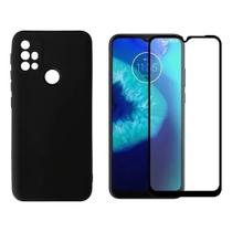 Kit Capa Case Silicone Aveludada Preta para Moto G10 G30 + Película 3D de Vidro Temperado