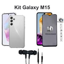 Kit Capa Case Transparente + Película 3D de Vidro Privativa + Fone de Ouvido para Samsung Galaxy M15