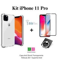 Kit Capa Case Transparente + Película 3D de Vidro + Suporte de Anel para Iphone 11 Pro