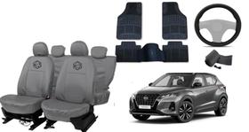 Kit capa couro cinza Nissan Kicks 20-24 + tapete + volante