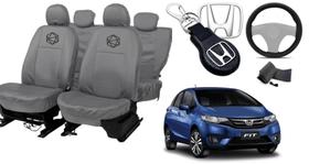 Kit capa couro cinza p/ Fit 08-23 + volante couro