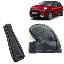 Kit Capa Couro Manopla Câmbio Automático E Alavanca Freio de Mão Citroen C3 2021