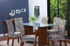 Kit Capa de Cadeira 4 Peças Sala de Jantar Protege o Estofado Renova o Visual Malha Gel Estampa 9 Floral Azul e Bege