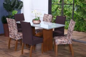 Kit Capa de Cadeira 4 Peças Sala de Jantar Protege o Estofado Renova o Visual Malha Gel Mista 5 Folhas Marrom Tabaco