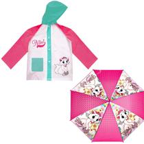 Kit Capa De Chuva + Guarda Chuva C/Apito Capuz Ajustável e Botão De Pressão Personagens Infantis Para Crianças - Semax