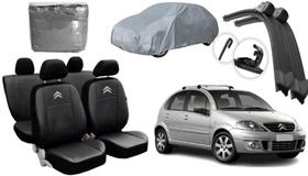 Kit Capa de Couro Citroën C3 2003 a 2012 + Proteção com Capa de Cobertura e Limpador de Parabrisa