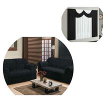 Kit Capa De Sofá 2 E 3 Lugares 21 Elásticos + Cortina Riviera 2 Mts Preto