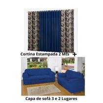 Kit Capa De Sofá 2 E 3 Lugares + Cortina Estampada Sala E Quarto 2 Metros Estampado Azul