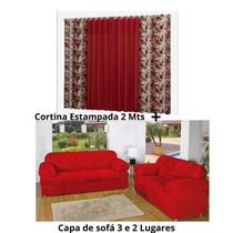 Kit Capa De Sofá 2 E 3 Lugares + Cortina Estampada Sala E Quarto 2,00 x 1,60 Vermelho