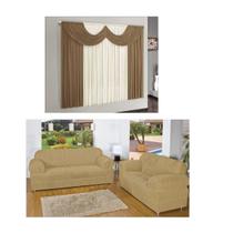 Kit Capa De Sofá Elasticada 2 E 3 Lugares + Cortina Paris 2,00 Metros Avelã