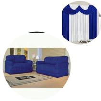 Kit Capa De Sofá Elasticada 2 E 3 Lugares + Cortina Paris 2,00 Metros Azul