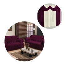 Kit Capa De Sofá Elasticada 2 E 3 Lugares + Cortina Paris 2,00 Metros Vinho