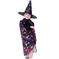 Kit Capa e Chapéu de Bruxa Infantil Colorido Festa Halloween