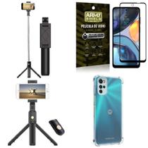 Kit Capa Moto G22 +Mini Tripé Selfie Bluetooth +Película 3D