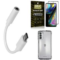 Kit Capa Moto G82 + Adaptador Fone Tipo C Para P2 + Película