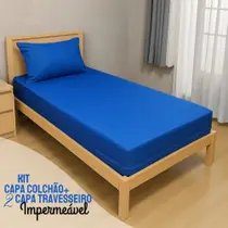 Kit Capa Para Colchão Solteiro Hospitalar Impermeável Com Ziper + 02 Capas Travesseiro Impermeável azul Kit Capa Para Colchão Solteiro Hospitalar Impermeável Com Ziper + 02 Capas Travesseiro Impermeável azul