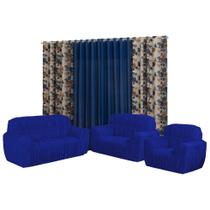 Kit Capa para sofá 3, 2 E 1 lugares Elasticada + cortina modelo Florata 2,00X1,70m