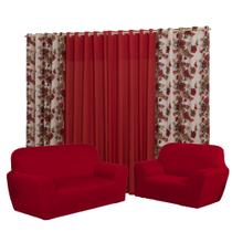 Kit Capa para sofá 3 e 2 lugares Coladinha + cortina modelo Florata 2.00x1.70mts