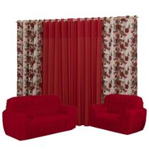 KIT Capa para sofa king 2 e 3 lugares malha gel elasticada + CORTINA FLORATA 2M