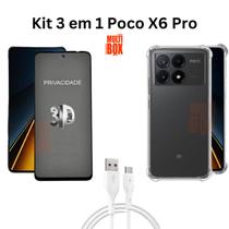 Kit Capa + Película 3D Privacidade + Cabo USB Tipo C para Xiaomi Poco X6 Pro