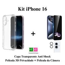 Kit Capa + Pelicula Privacidade 3D + Câmera para Iphone 16 16 PRO 16 PRO MAX 16 PLUS Kit Capa + Pelicula Privacidade 3D + Câmera para Iphone 16 16 PRO 16 PRO MAX 16 PLUS
