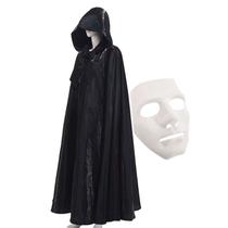 Kit Capa Preta com Capuz Halloween + Máscara Branca sem Face Festa Fantasia Terror Dança
