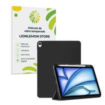 Kit Capa Preta Premium Slim com suporte para caneta + Película de vidro temperado para iPad Air 13” - Case com tampa mag