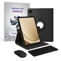 Kit Capa Preta Samsung Galaxy Tab A9, Giratória 360: Película de vidro + Teclado e Mouse