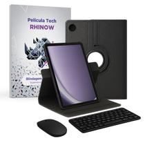 Kit Capa Preta Samsung Galaxy Tab A9+ Plus, Giratória 360: Película de vidro + Teclado e Mouse