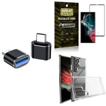 Kit Capa Samsung S22 Ultra + Adaptador OTG Tipo C/USB + Película 3D Armyshield