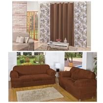 Kit Capa Sofá 2/3 Lugares + Cortina Rústica 02 Mts Estampada Marrom