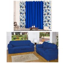 Kit Capa Sofá 2/3 Lugares + Cortina Rústica 2 Metros Estampada - Azul