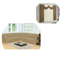 Kit Capa Sofá De Canto De Até 5/6 Lugares + Cortina 02 Metros Bege