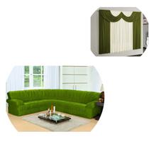 Kit Capa Sofá De Canto De Até 5/6 Lugares + Cortina 02 Metros Verde