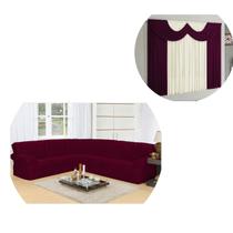 Kit Capa Sofá De Canto De Até 5/6 Lugares + Cortina 02 Metros Vinho