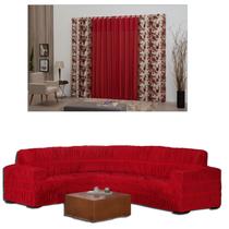 Kit Capa Sofá De Canto De Até 5/6 Lugares + Cortina Rústica 03 Metros Vermelho