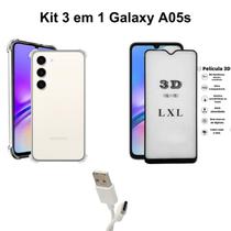 Kit Capa Transparente Anti Choque + Película 3D de Vidro + Cabo USB Tipo C para Samsung Galaxy A05S