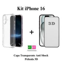 Kit Capa Transparente Anti Impacto + Película De Vidro 3D Iphone 16 / Plus / Pro / Max