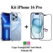 Kit Capa Transparente Anti Impacto + Película De Vidro 3D Iphone 16 / Plus / Pro / Max Kit Capa Transparente Anti Impacto + Película De Vidro 3D Iphone 16 / Plus / Pro / Max