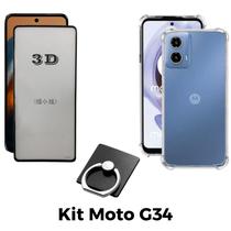 Kit Capa Transparente + Película 3D + Anel Suporte para Motorola Moto g34