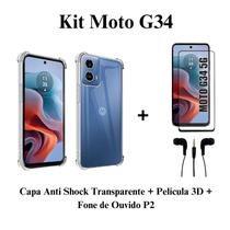 Kit Capa Transparente + Película 3D de Vidro + Fone de Ouvido Estéreo P2 para Motorola Moto G34 - LXL