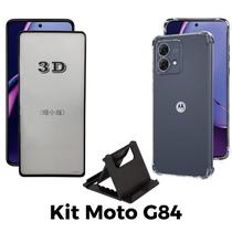 Kit Capa Transparente + Película 3D de Vidro + Suporte de Mesa para Moto G84