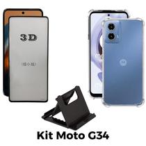 Kit Capa Transparente + Película 3D de Vidro + Suporte de Mesa para Motorola Moto G34