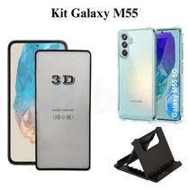 Kit Capa Transparente + Película 3D de Vidro + Suporte de Mesa para Samsung Galaxy M55