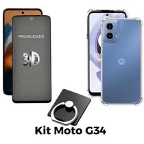 Kit Capa Transparente + Película 3D Privacidade + Anel Suporte para Motorola Moto G34