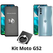 Kit Capa Transparente + Película 3D Privacidade + Anel Suporte para Motorola Moto G52 Kit Capa Transparente + Película 3D Privacidade + Anel Suporte para Motorola Moto G52