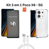 Kit Capa Transparente + Película 3D Privacidade + Cabo USB Tipo C para Xiaomi Poco X6 5G Kit Capa Transparente + Película 3D Privacidade + Cabo USB Tipo C para Xiaomi Poco X6 5G